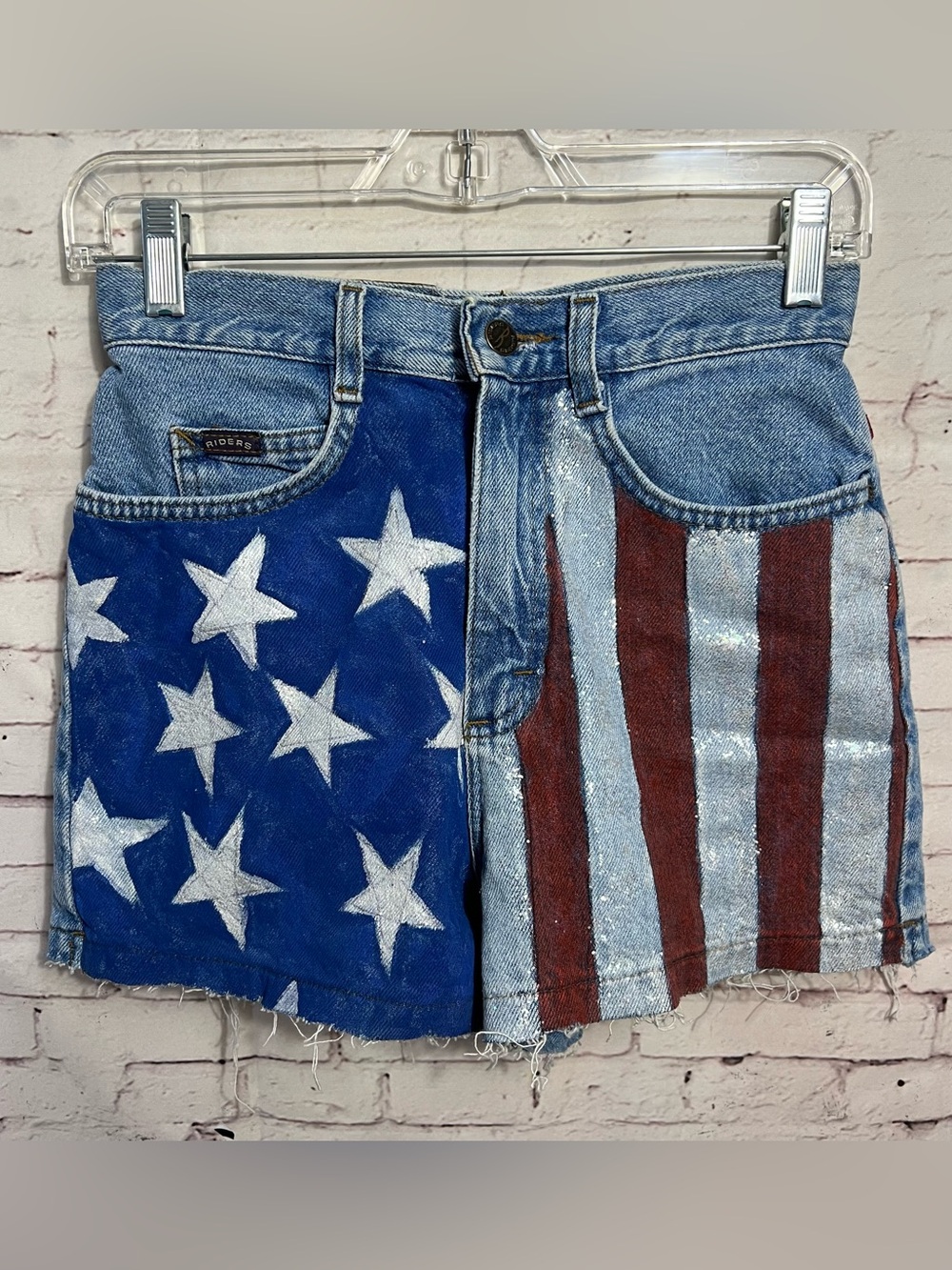 Riders High Waisted Denim Shorts Size 5 Hand Painted American Flag USA Festival